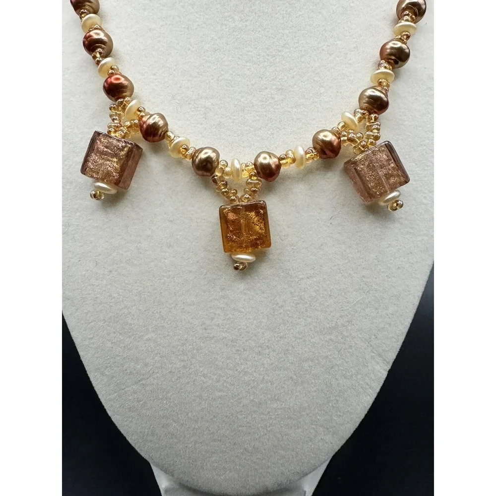 Copper‎ Color Faux Pearl Seed Bead Glitter Glass Dangle Necklace 16 Jewelry